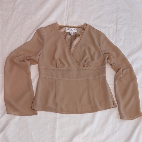 Casual Corner Women's Tan Top with Sheer Sleeves & Empire Waist - Picture 1 of 11